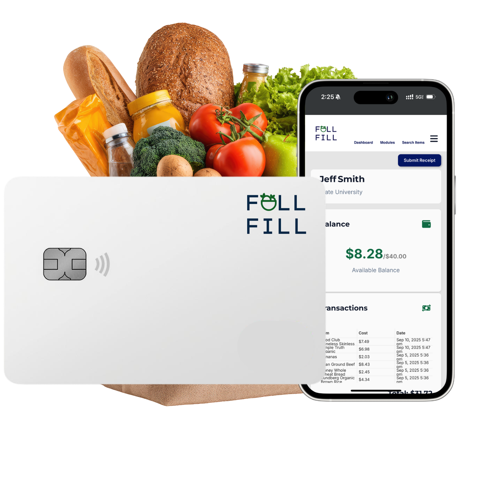 Full-Fill grocery card with fresh nutritious groceries in the background