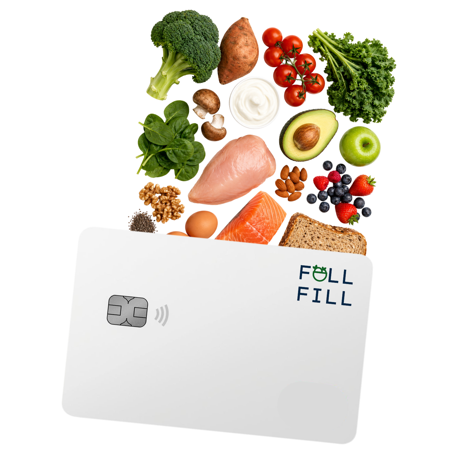 A Full-Fill Financial card with fresh produce, lean protein, whole grains and berries spilling out from behind it.